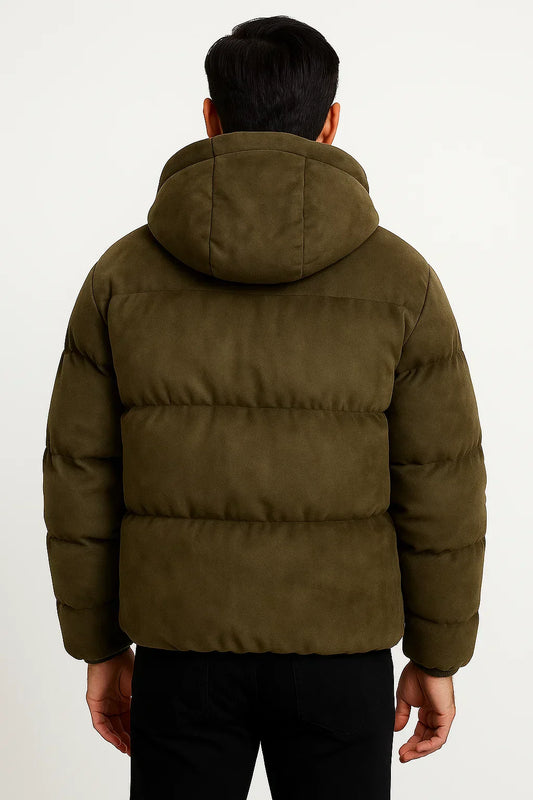 Maison Hooded Puffer Jacket | Suede Effect | Insulated Winter Outerwear