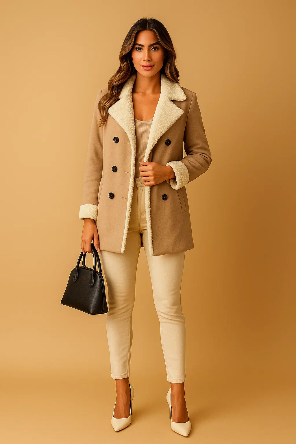 Wool Blend Double Breasted Coat | Shearling Collar | Winter Outerwear