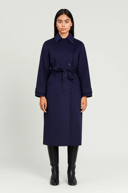 Wool Blend Long Coat | Double-Breasted | Belted Waist