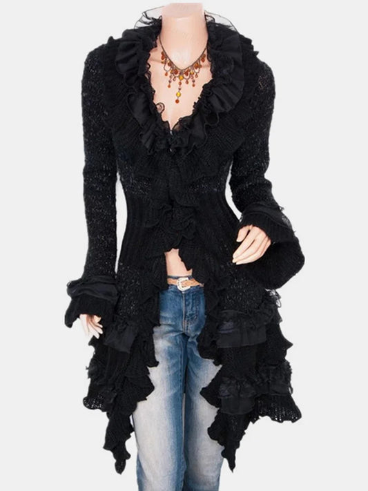 Daily Brown Stand-Up Collar Flare Long Sleeve Ruffle Vintage Contrast Knitted Cardigans