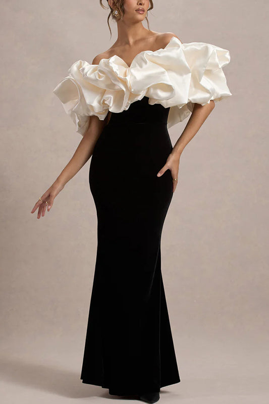 Vestido largo Cecily de terciopelo con hombros descubiertos, satén, cuello Bardot estructurado y elástico