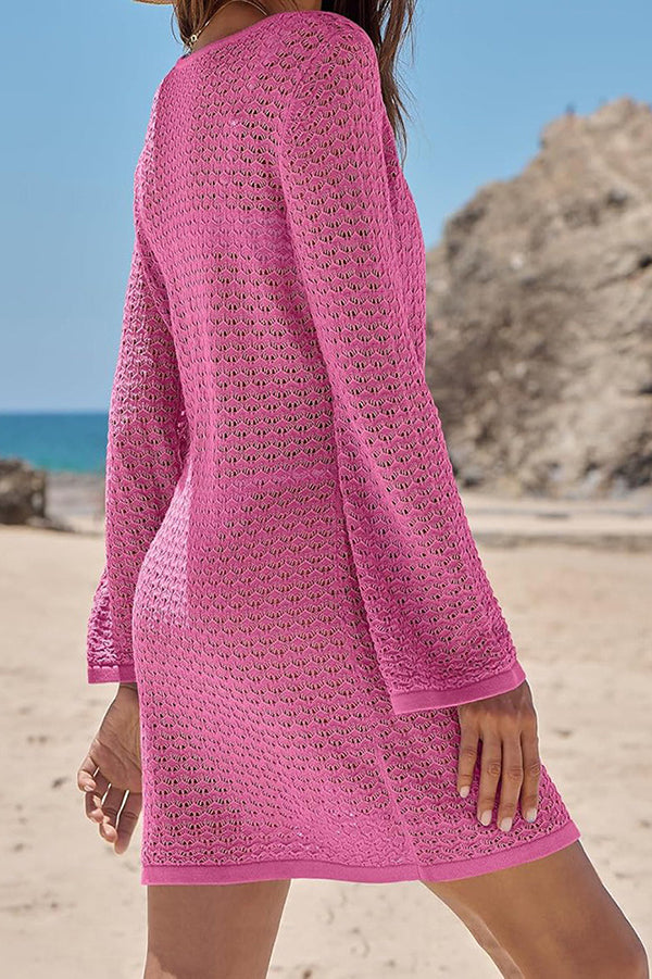 Solid Color Knit Hollow V-Neck Tie Long Sleeve Cover Up Mini Dress
