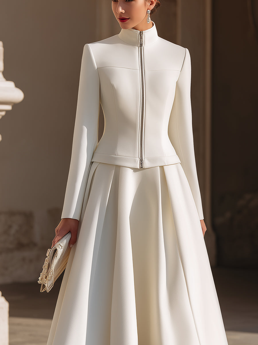 Stand Collar Zip-Up Jacket And Pleated Midi Skirt Set