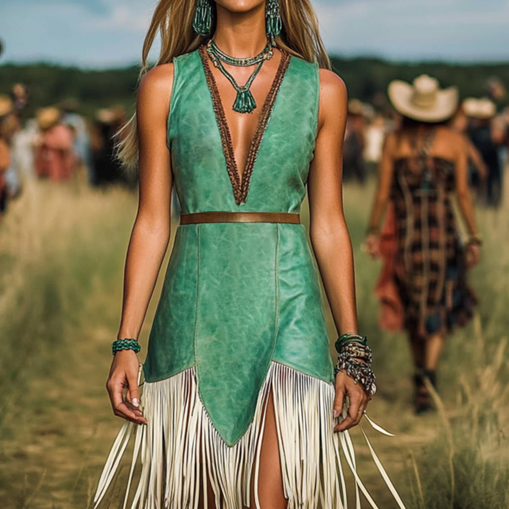 sheenchic Western Patterned Deep V Neck Sleeveless Fringe Midi Dress