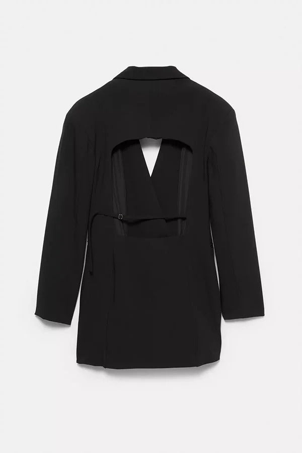 Blazer Yulissa de manga larga con un solo botón, cintura ajustada, espalda abierta, solapa y bolsillos