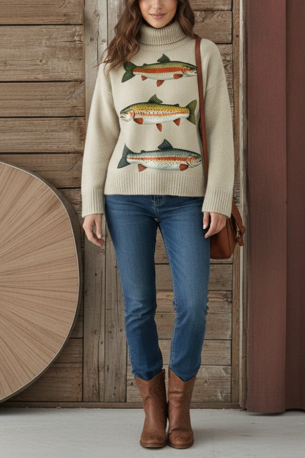 Suéter holgado de cuello alto con estampado de trucha
