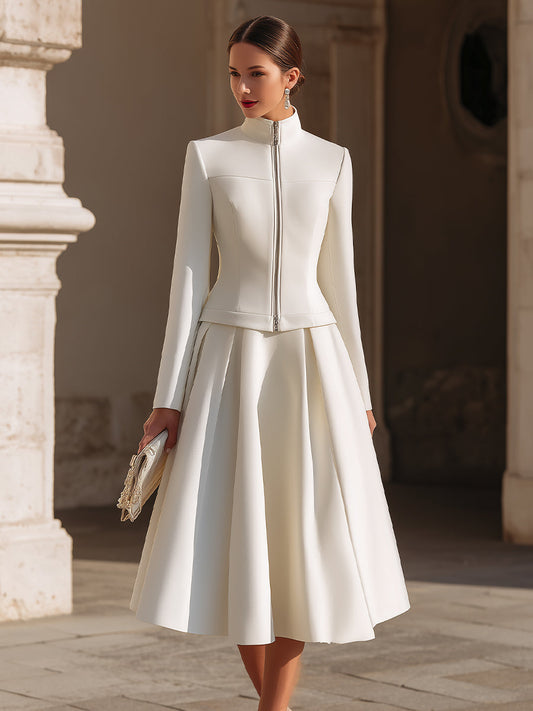 Stand Collar Zip-Up Jacket And Pleated Midi Skirt Set