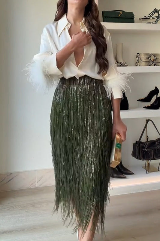 Party Crasher Layered Sequined Tassels High Rise Back Zipper Midi Skirt