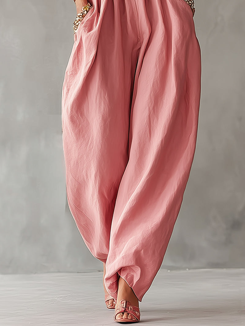 Pink Embroidered Sleeveless Wide-Leg Linen Jumpsuit