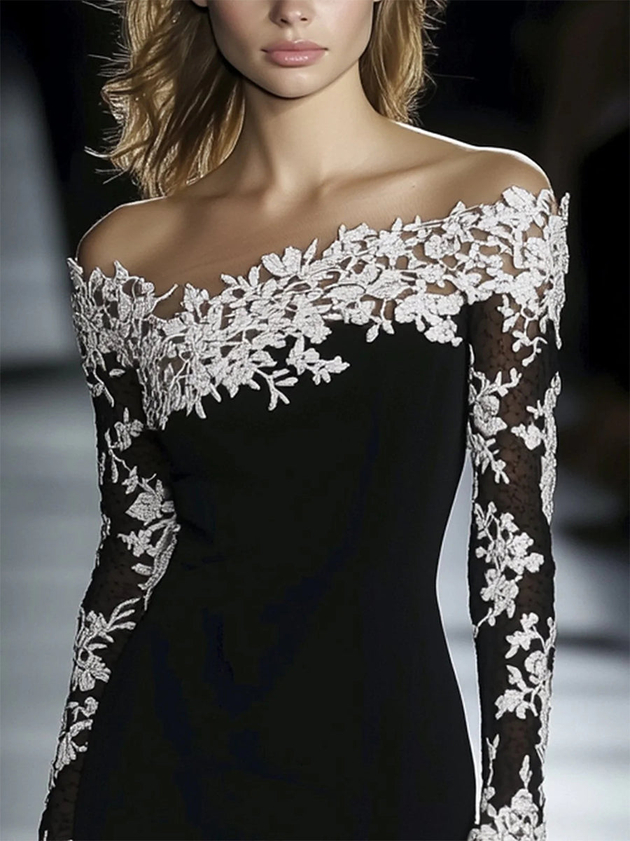 Cocktail Party Black Off The Shoulder Long Sleeve See Through Boho Contrast Lace Midi Dresses