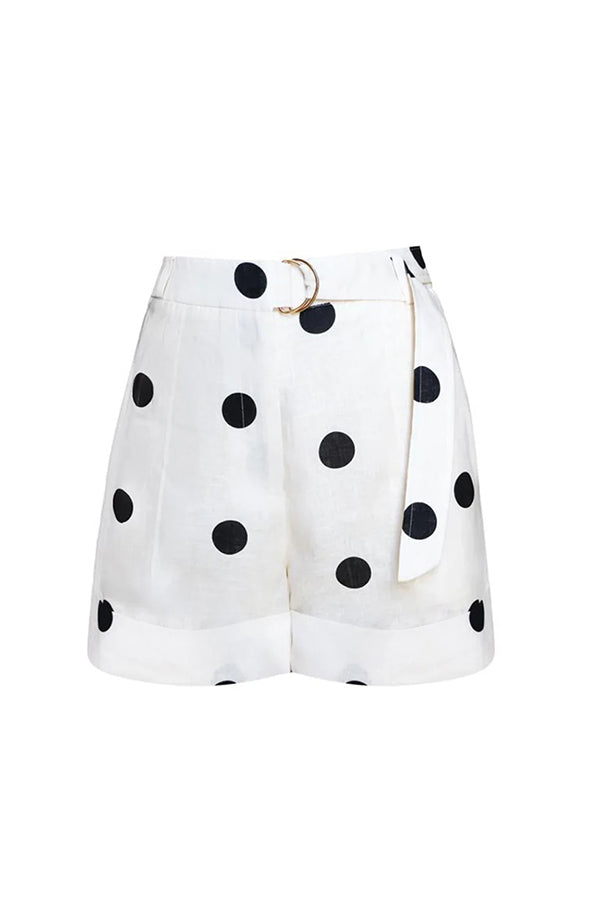 Gabby Linen Blend Polka Dot Tie-up Lapel Halter Vest and Metal Ring Belt Loose Shorts Set