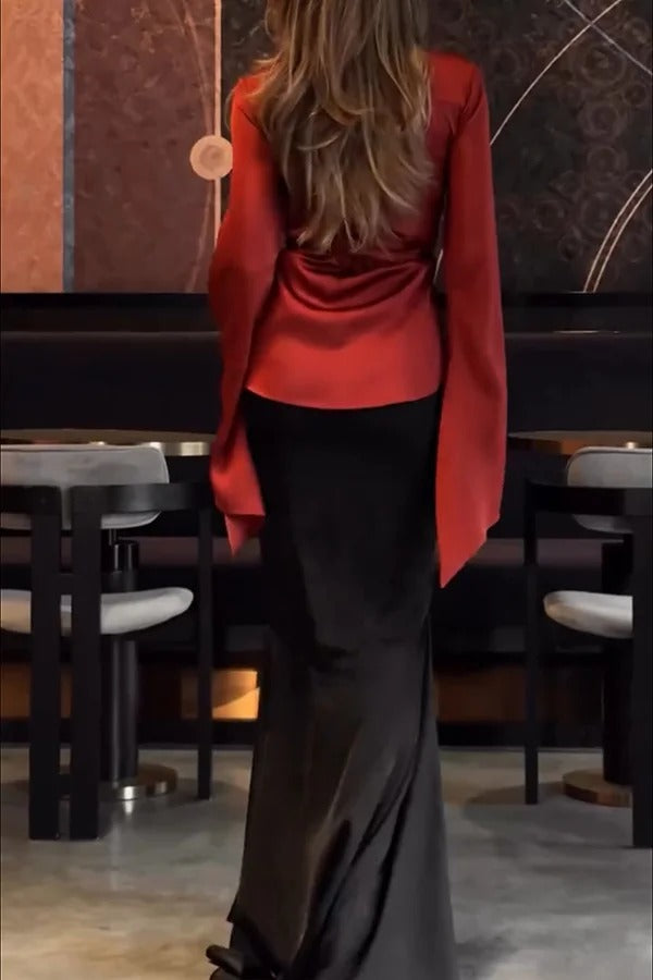 Jenny Satin Button Front Center Cross Straps Long Bell Sleeve Shirt