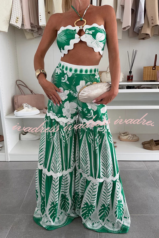 Cassie Ric Rac Trims Unique Print Halter Ring Tank and High Rise Wide Leg Pants Set