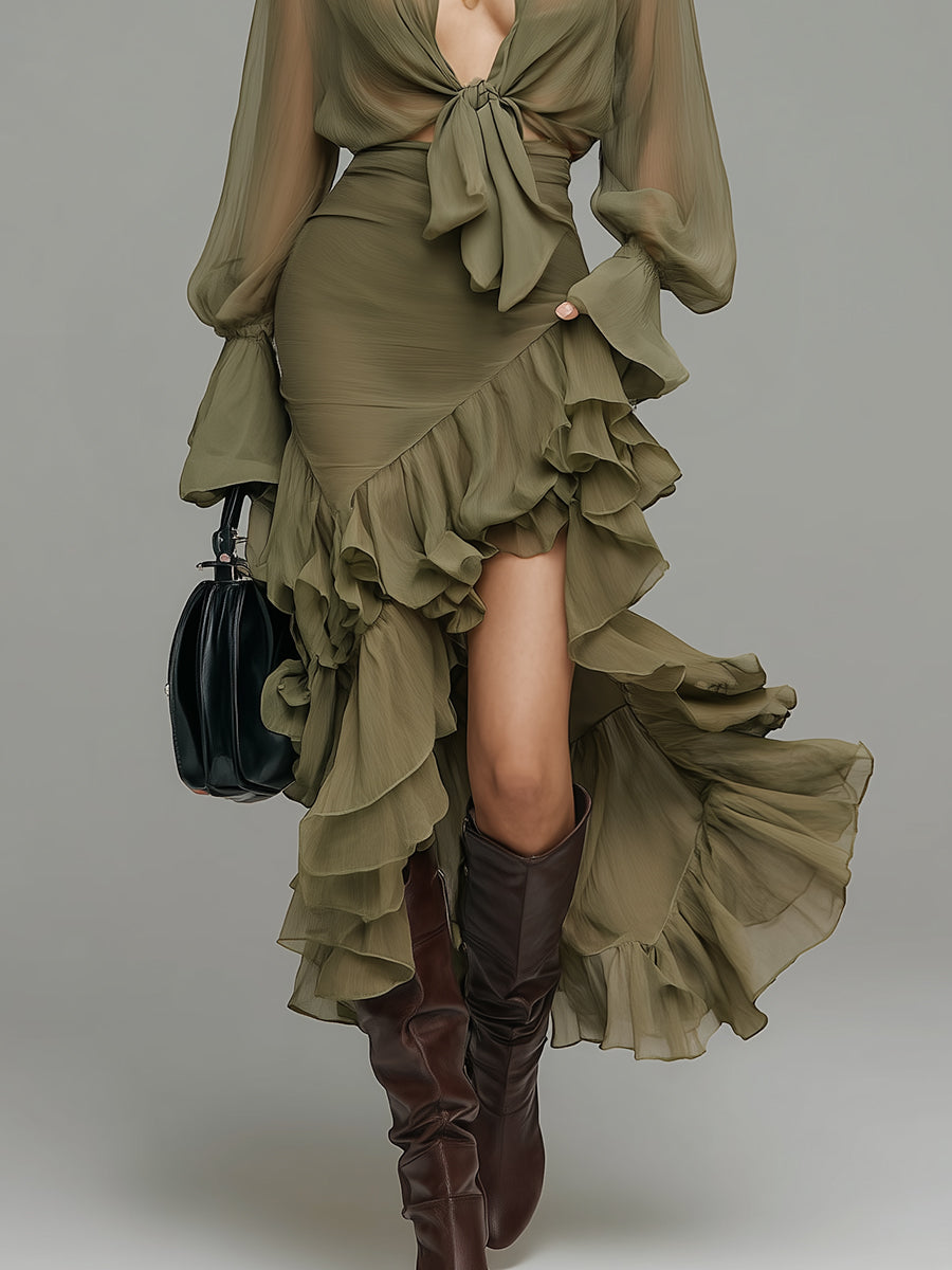 Bohemian Chiffon Blouse & Multi-layered Ruffled Fishtail Skirt Set