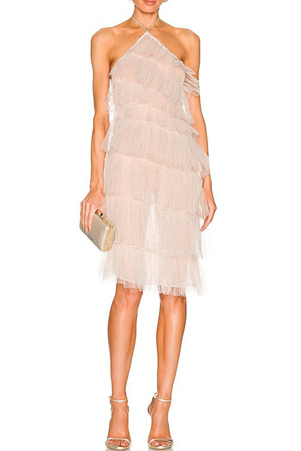 Best Days Patchwork Tulle Sheer Halterneck Pleated Midi Dress