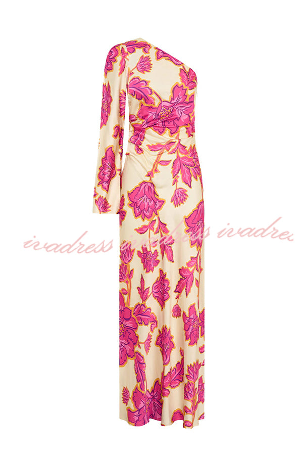 Vestido largo acampanado de satén con estampado floral y un hombro Rhia