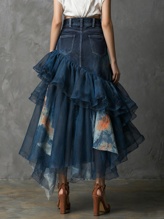 sheenchic Dark Blue Denim Printed Asymmetrical Ruffled Mesh Maxi Skirt