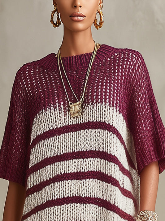 Purple And White Striped Chunky Knit Mini Sweater Dress