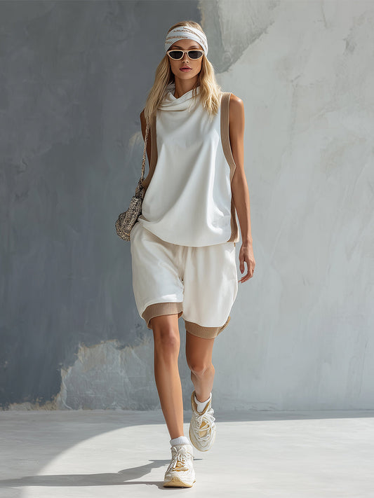 Casual Sportswear White Cotton Hooded Vest And Shorts Set