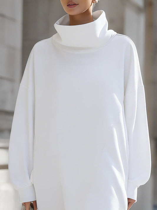 Minimalist White Oversized Turtleneck Sweatshirt Dress