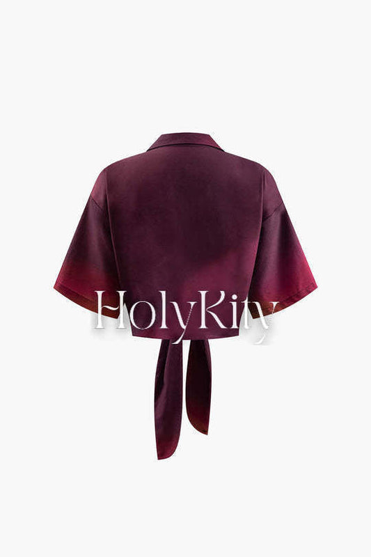 Ombre Satin Knot Hem Blouse