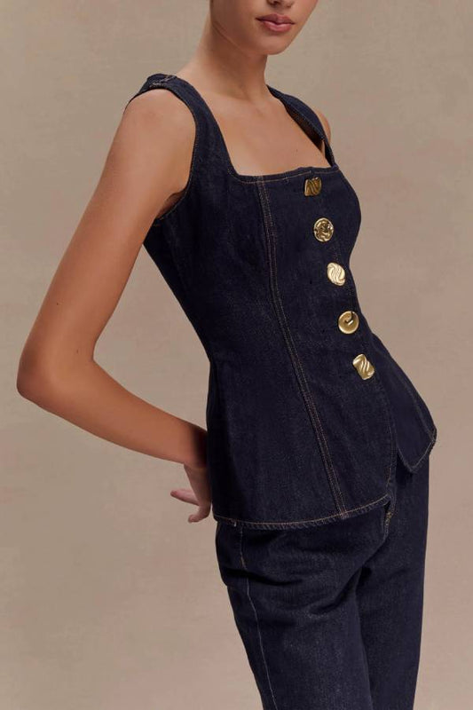 Stassi Denim Square Neck Unique Button Up Princess Seams Vest Top