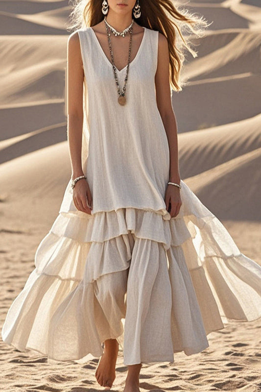 Vestido midi holgado sin mangas con escote en V y dobladillo completo en mezcla de lino