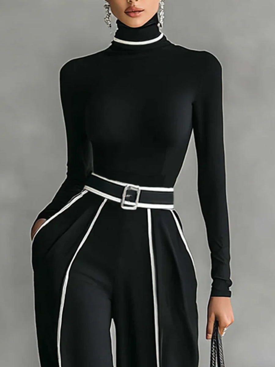 Elegant Black Knitted Contrast Binding Long Sleeve Top & Wide Leg Pants 2Pcs Set