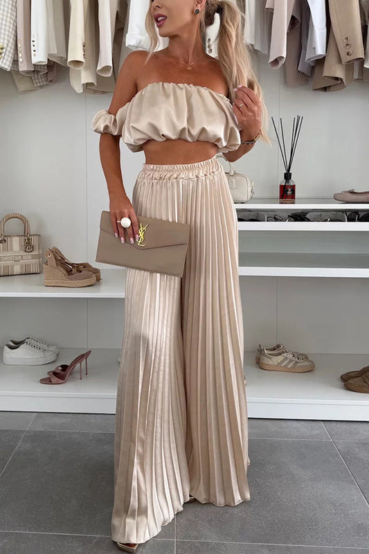 Jorie Satin Off Shoulder Puff Sleeve Crop Top and Elastic Waist Pleated Wide Leg Pants Set