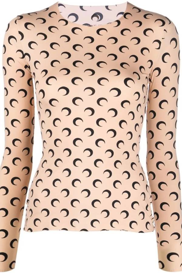Crescent Moon Print Slim-Fit Long Sleeve Top