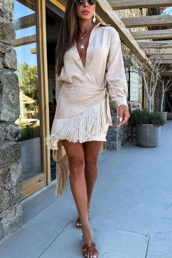 Vestido camisero tipo bufanda de manga larga con botones y borlas de mezcla de lino de ensueño