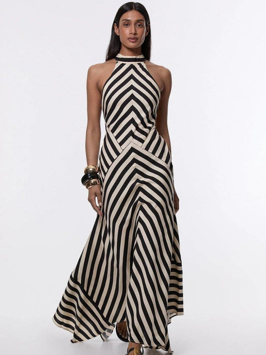 Mono Fluid Stripe Maxi Halter Dress