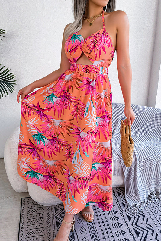 Vestido midi playero con cuello halter y estampado de plantas para vacaciones