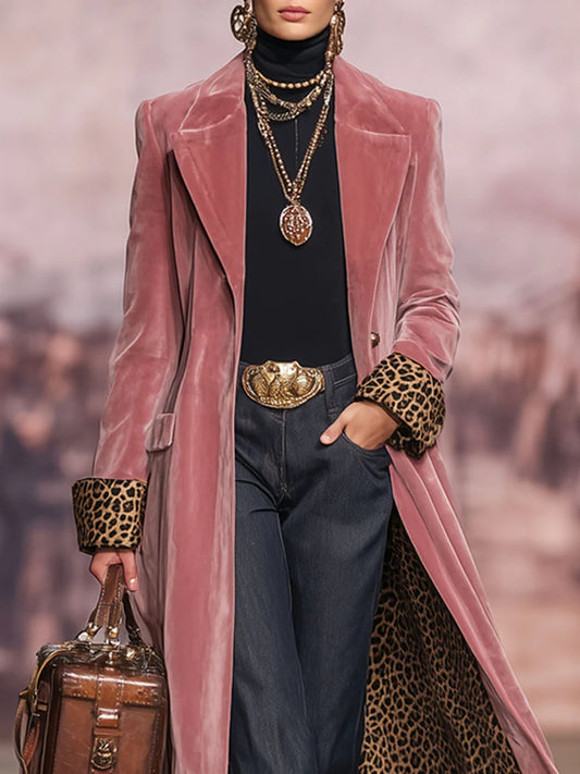Daily Pink Leopard Turndown Collar Long Sleeve Pocket Vintage Button Velvet Coat