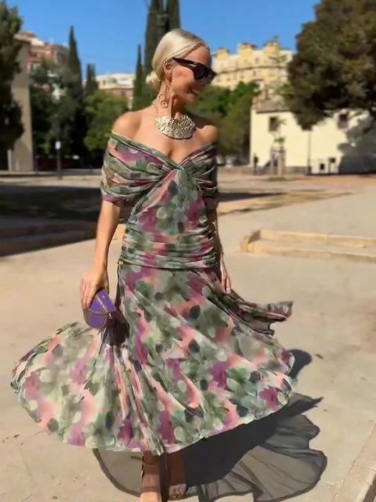 Elegant V-neck Fantasy Painted Floral Print Party Maxi Dress