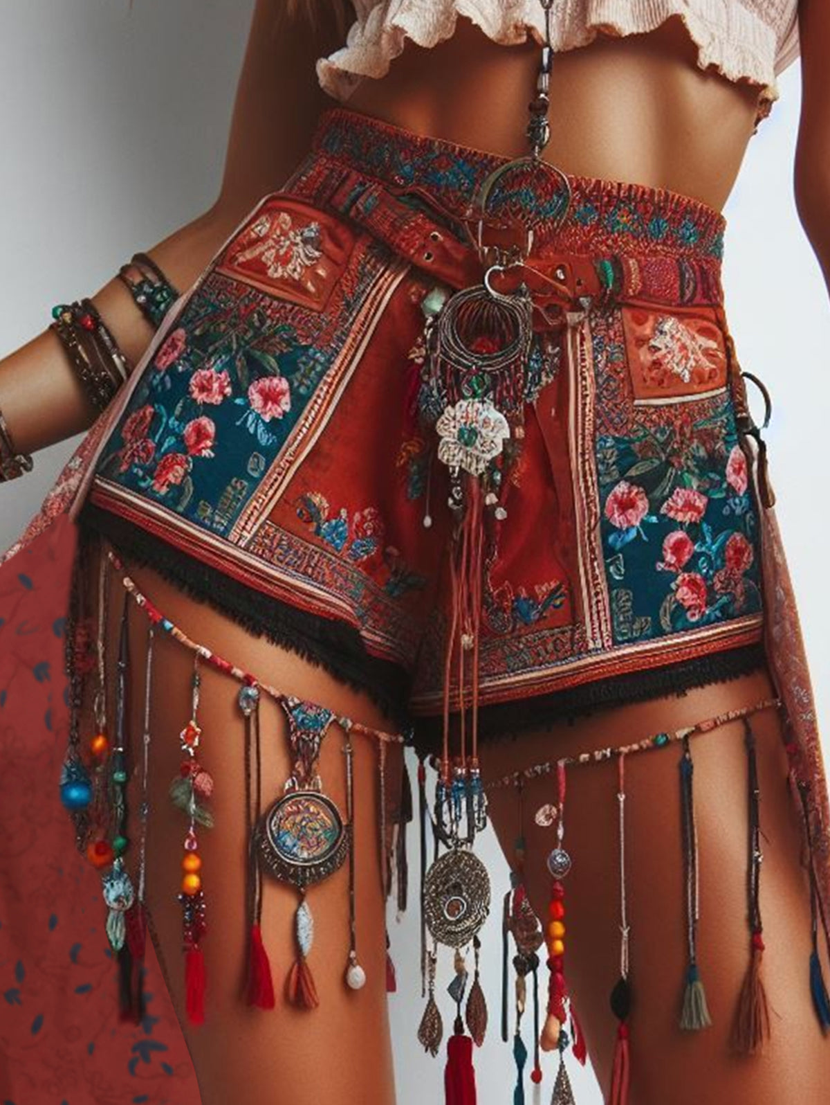 Boho Floral Pattern High Waist Raw Trim Shorts