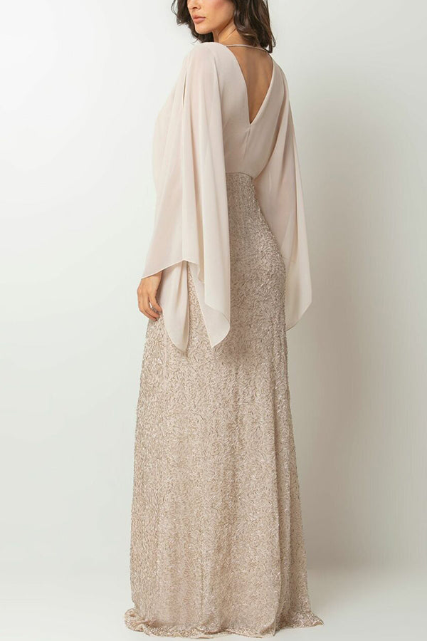 Vestido largo de gasa con mangas murciélago y bordado de flores en la cintura con lentejuelas de Aleina