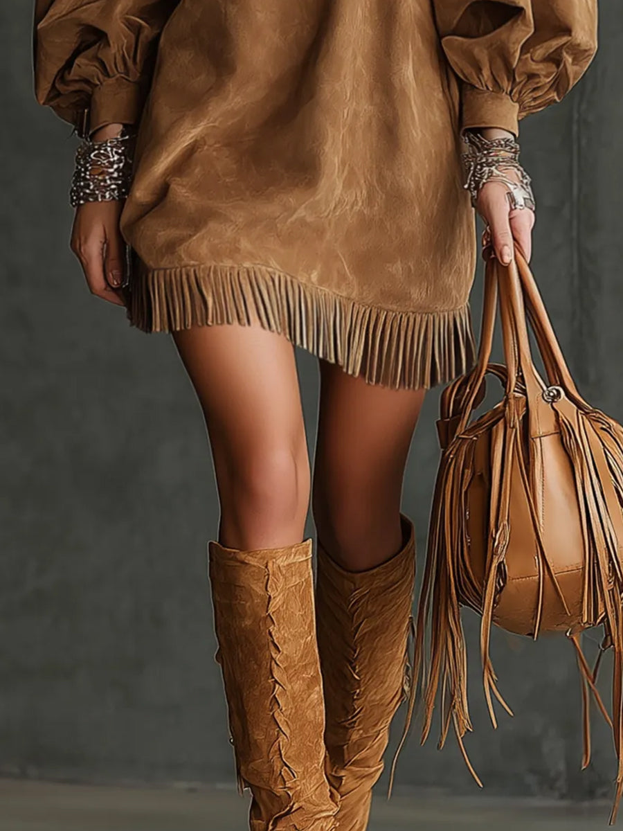 Daily Brown Round Neck Puff Sleeve Long Sleeve Strappy Western Contrast Chamois Mini Dresses