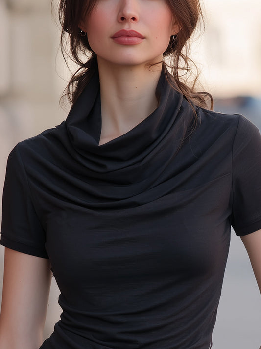Draped Cowl-Neck Fitted Short-Sleeve T-Shirt