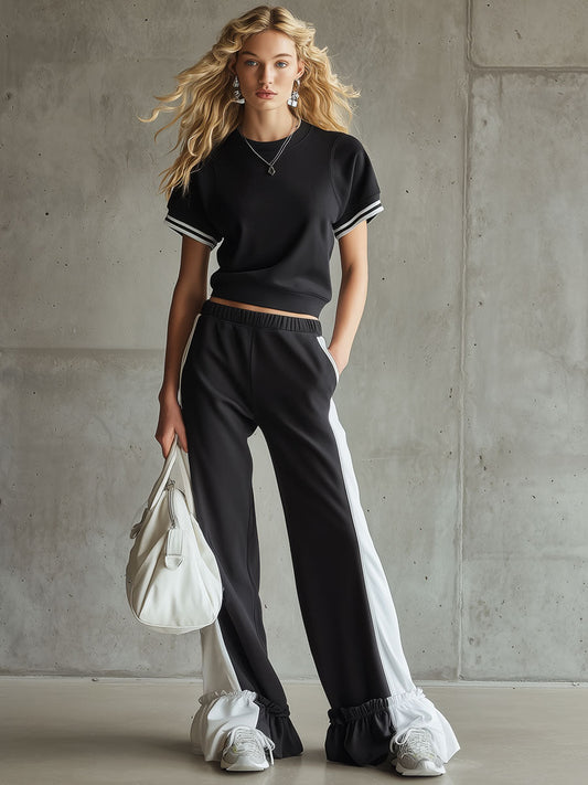 Retro Sporty Black And White Sleeveless Sweatshirt And Ruffled Pants Set