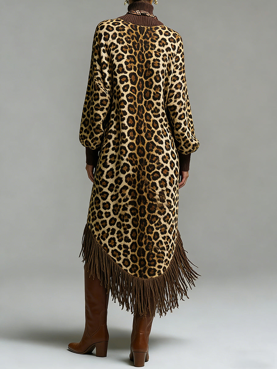 sheenchic Daily Brown Leopard High Collar Long Sleeve Strappy Vintage Pocket Maxi Dresses