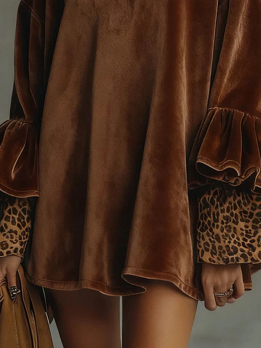Daily Brown Leopard High Collar Long Sleeve Ruffle Vintage Contrast Velvet Mini Dresses