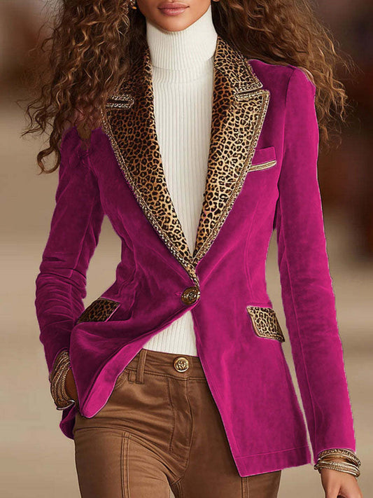 Daily Pink Leopard Turndown Collar Long Sleeve Pocket Casual Contrast Blazer