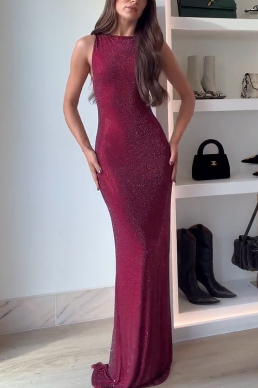 Holiday Nights Sequin Boat Neck Sleeveless Slit Maxi Dress
