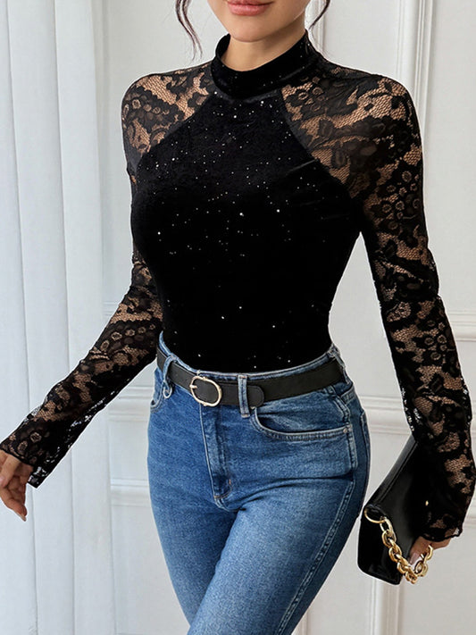 Valentines Lace Black Mock Neck Long Sleeve Sequin Elegant See Through Velvet Blouses
