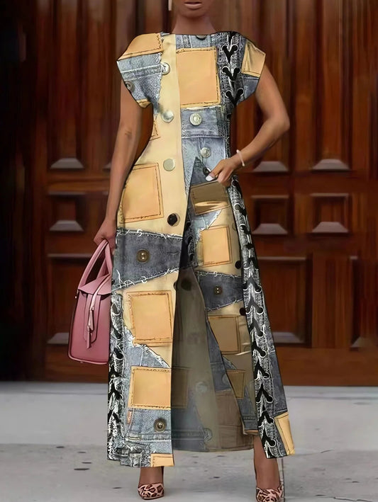 sheenchic Vintage Allover Pattern Patchwork Leggings Pants