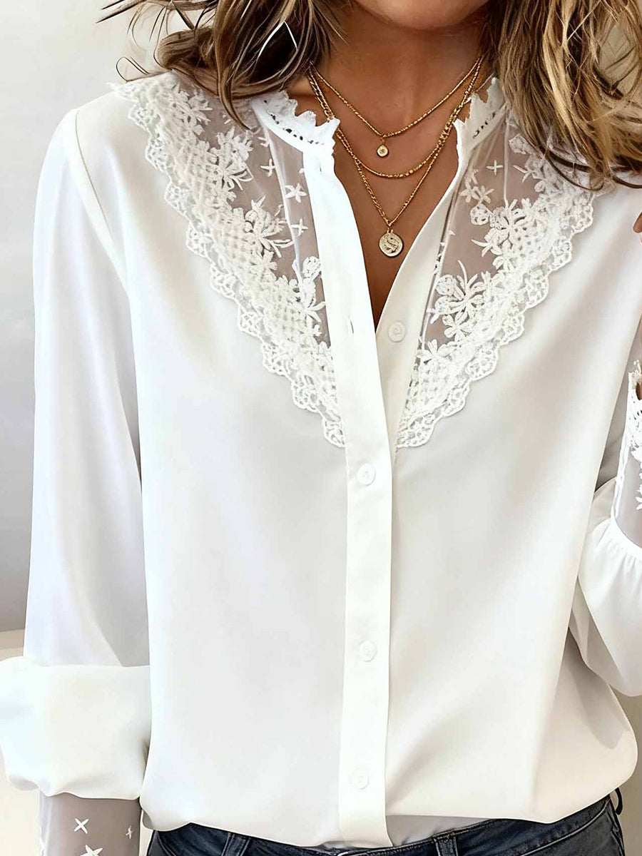 Daily White Stand-Up Collar Long Sleeve See Through Casual Contrast Lace Blouses