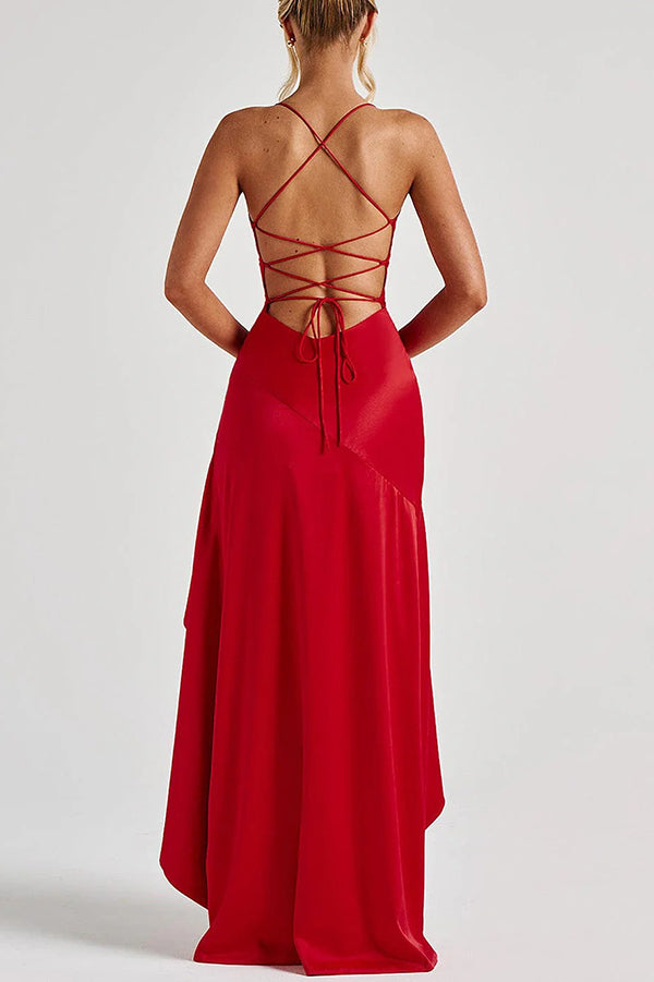 Vestido largo sexy de color liso con espalda descubierta, cordones y volantes irregulares