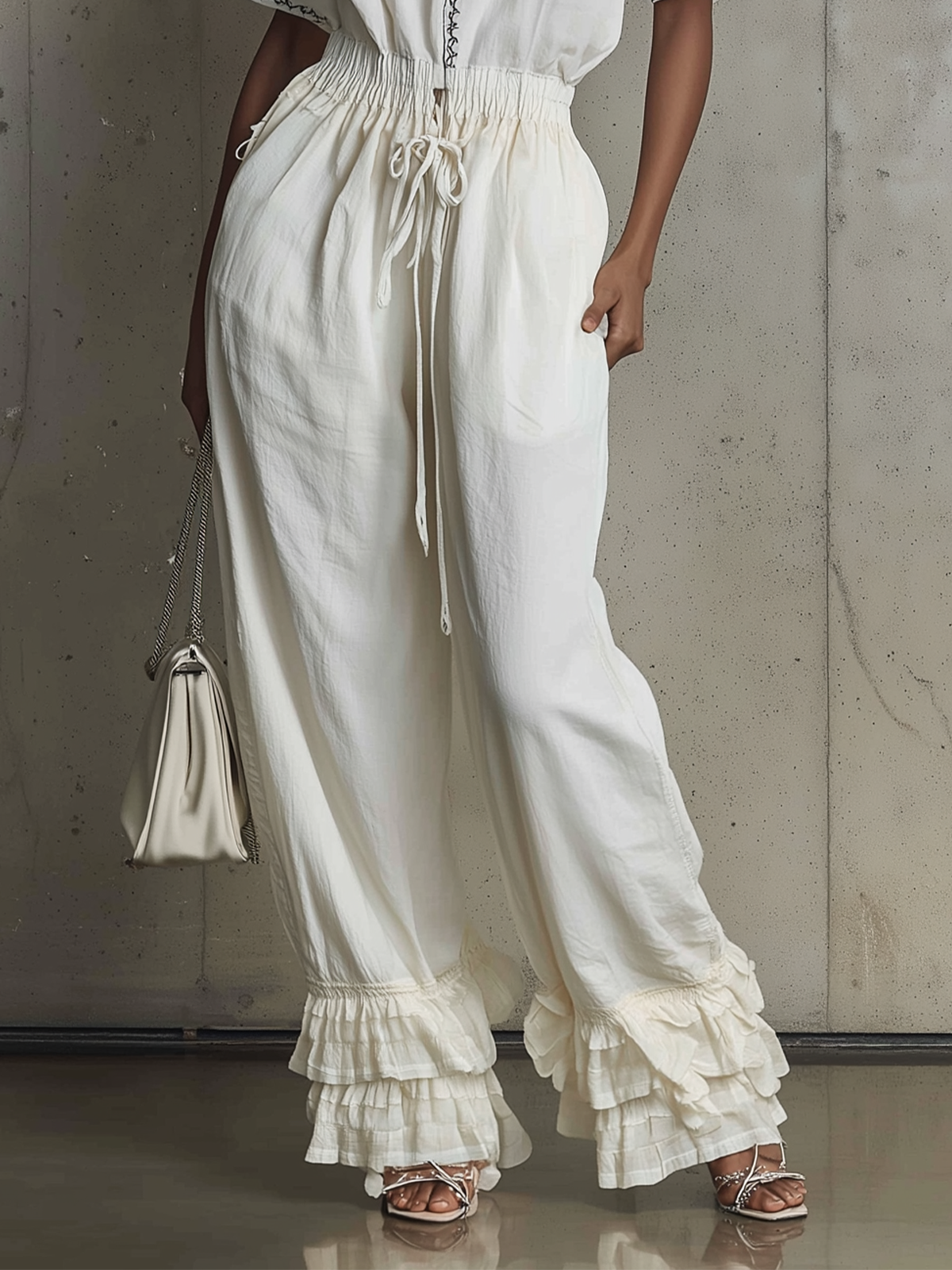 Embroidered Cotton Jumpsuit With Drawstring Waist And Ruffled Hem