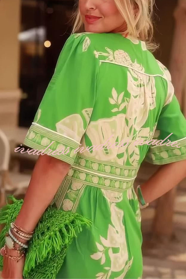 Plant Print V-Neck Short Sleeve Button Loose Pocket Jumpsuit